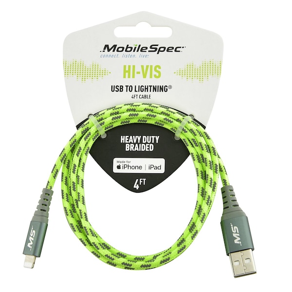 Mobilespec Hi Vis 4Ft Lightning To Usb-A Cable, Yellow MBSHV0422 - main